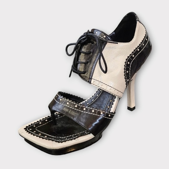 Sue Wong Shoes - Sue Wong Black and White Leather Square Toe Platform Heeled Lace Up Shoes